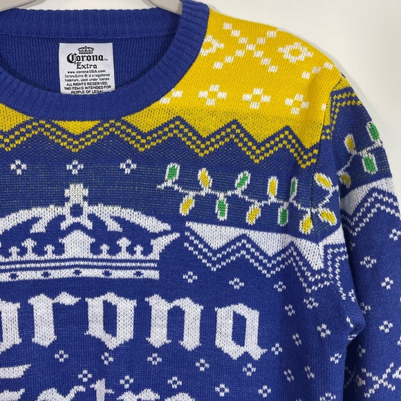 Corona Extra Feliz Navidad Blue Yellow Christmas Holiday Crewneck Sweater Size S - Picture 6 of 10